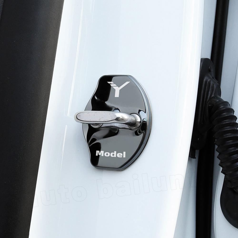 Car Door Lock Buckle Cover Door Lock Black/Carbon Fiber Metal Sticker For Tesla Model Y Model 3 2023 2022
