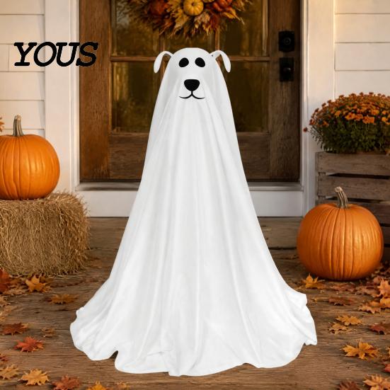 Lighted Ghost Dog for Entryway Halloween Decoration, Battery Operated Freestanding Spooky Cute Figurine with Remote And String Light Front Door,