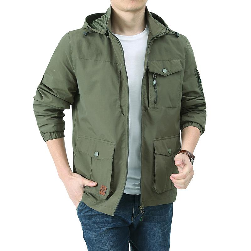 

Men s Outdoor Jacket Loose Plus Size Multi-pocket Waterproof Quick Drying Casual Jacket Can Take Off The Hood Work Coat Top M зелёный