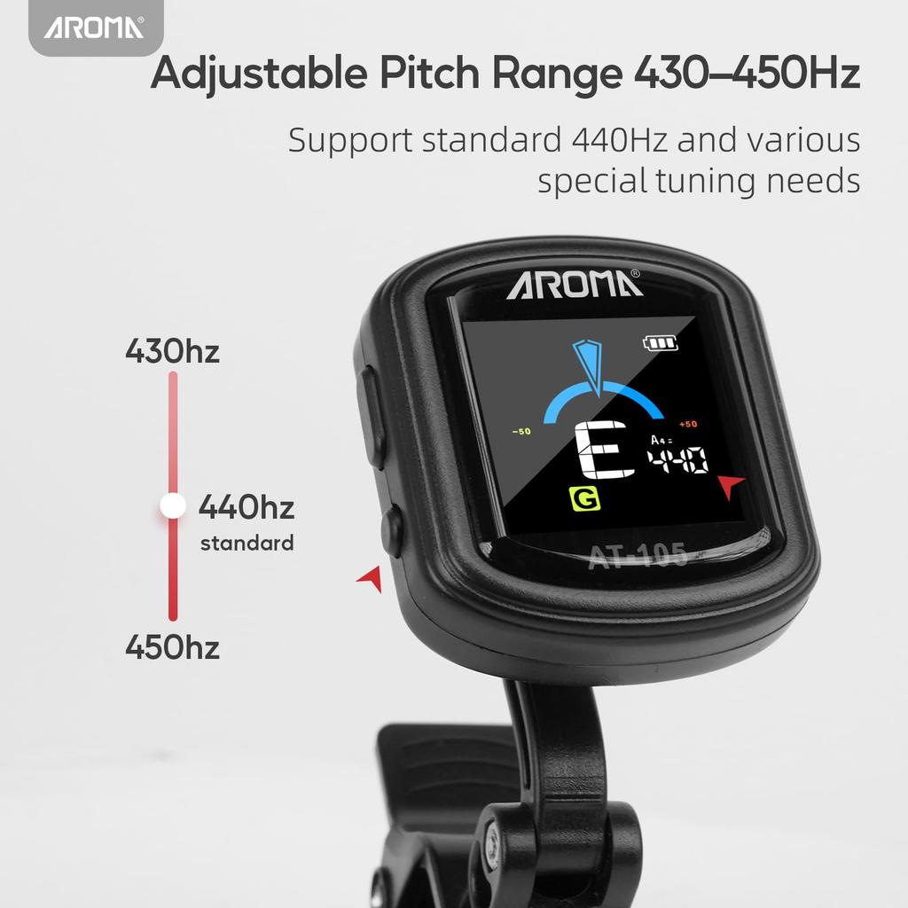 Aroma Clip Tuner, Rechargeable, Fast Tuning, High Precision, Chromatic Mode, 360-Degree Rotation, Color LCD, Compatible with Guitar, Bass, Ukulele,