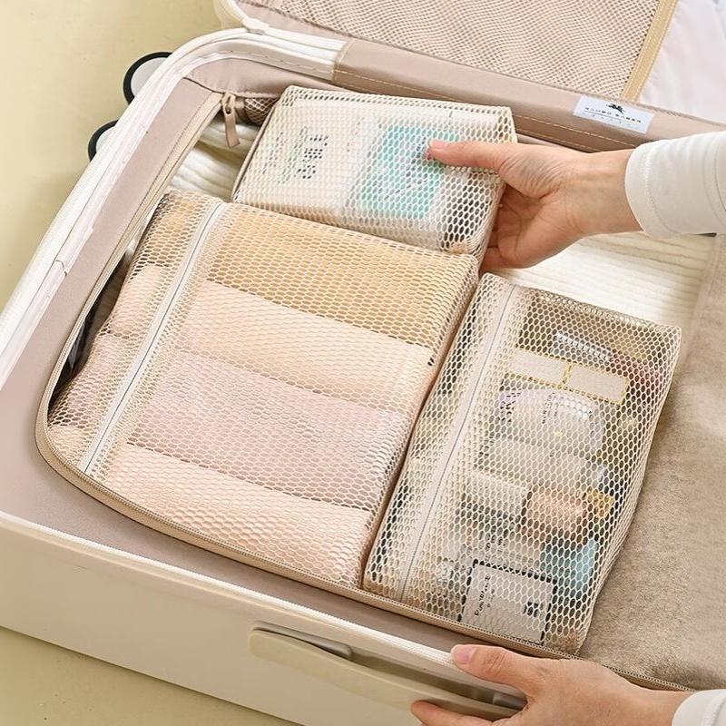 Beige Zipper Mesh Storage Bags Tear Resistant Breathable Visible Organizer for Business Trip Toiletries Makeup Storage