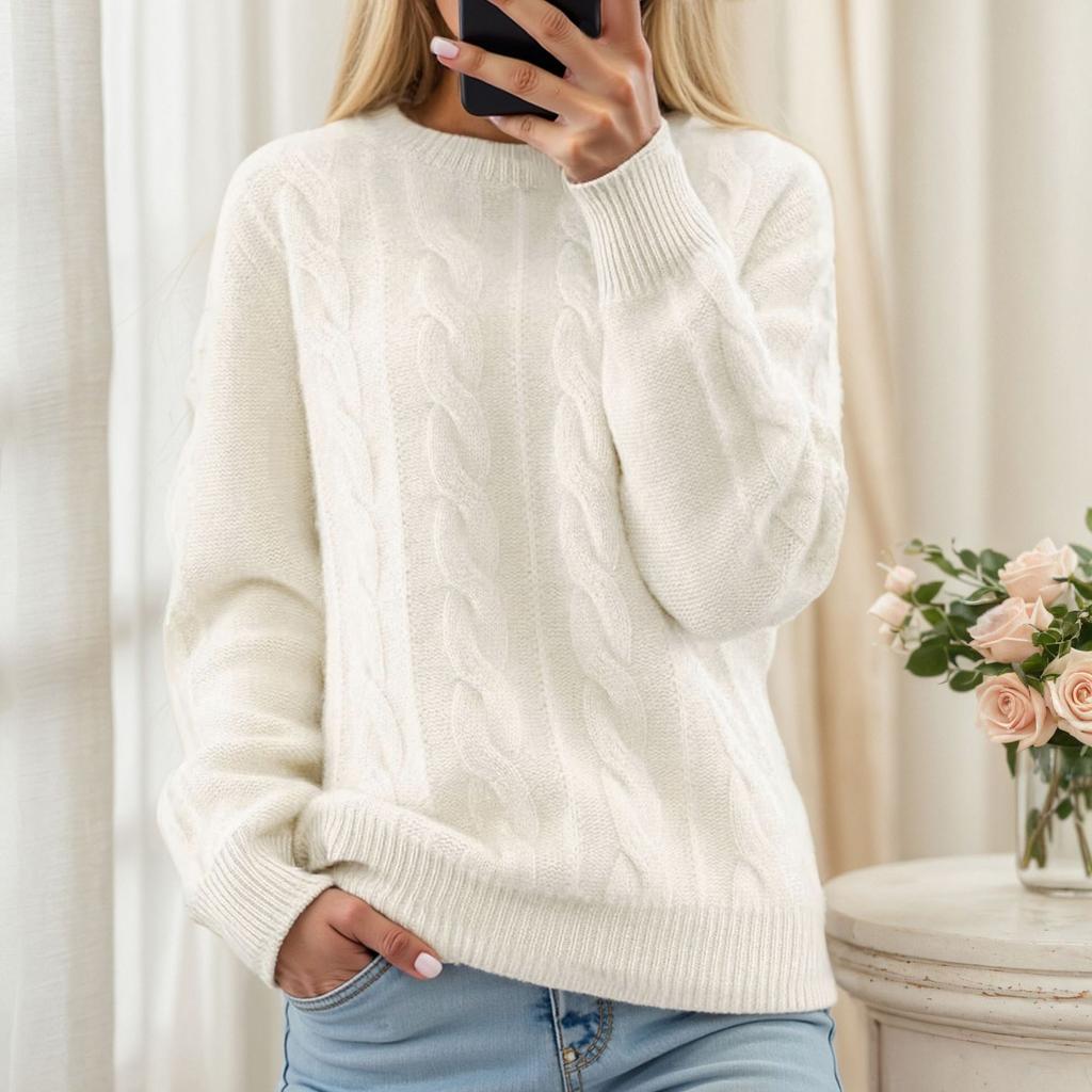 Autumn Winter Round Neck Solid Color Jacquard Knit Sweaters Retro Pullover Women's Sweaters