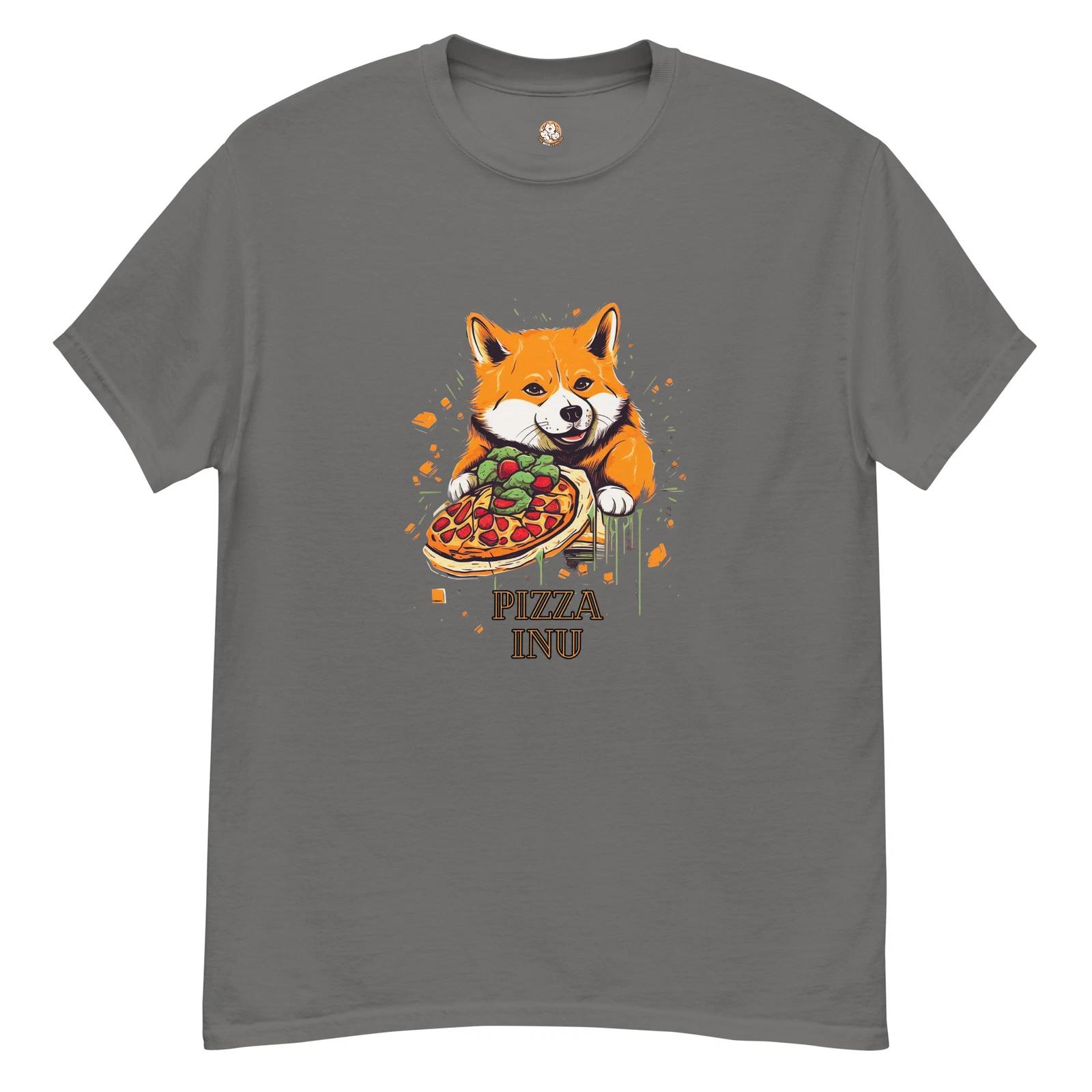 Live With Laughter Novelty Graphic T-Shirt - Pizza Inu (Charcoal Gray) L