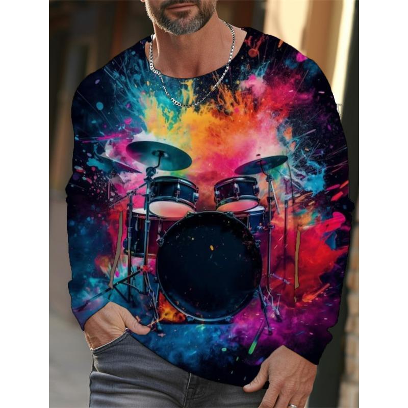 

Новая мужская футболка с длинным рукавом 2024 года с 3D-принтом джазовой музыки, барабанной установки, мужские осенние топы, повседневная футболка с круглым вырезом L
