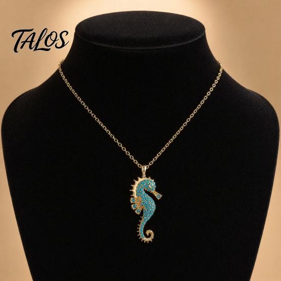 Talos Women Blue Seahorse Necklace, Rhinestone Pendant Stylish Sea Creature Summer Beach Gift for Her Wife Girlfriend