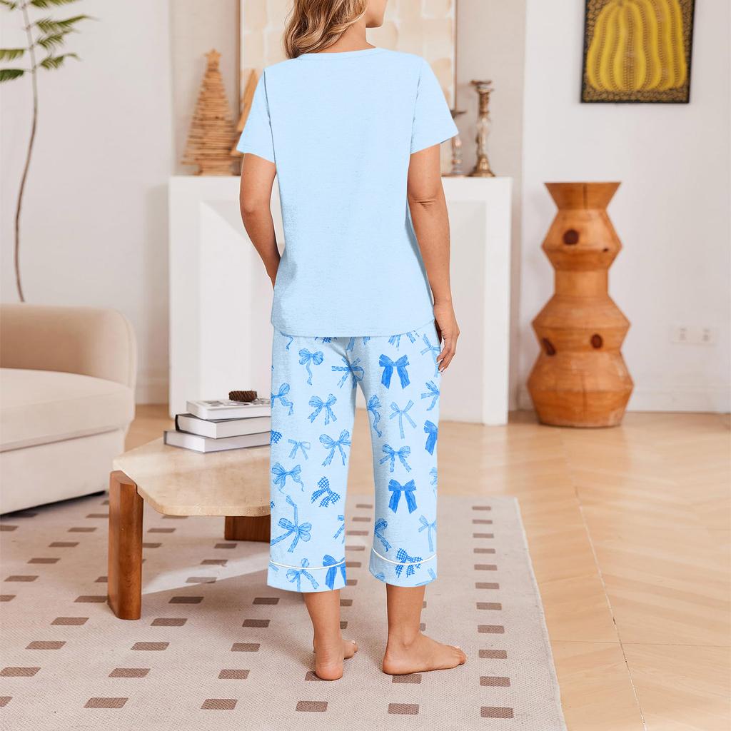 Women's Casual Loungewear Set with Printed Short Sleeve Round Neck T-Shirt and Loose Fit Pants