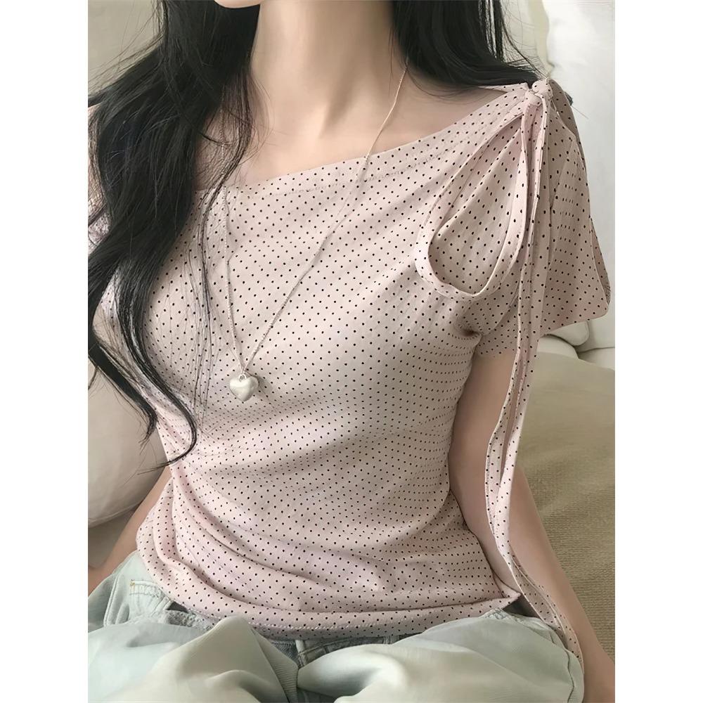 Elegant Polka Dot Bow Tied Off Shoulder Summer Top Women Irregular Short Sleeve T Shirt Korean Slim Fit Casual Plain Tees
