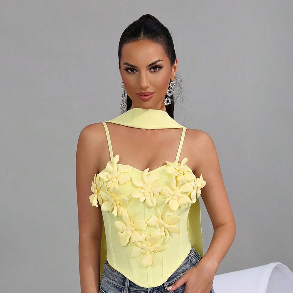 

European 3D Floral Camisole Top with Scarf, Slim-Fit Sexy Design. L жёлтый