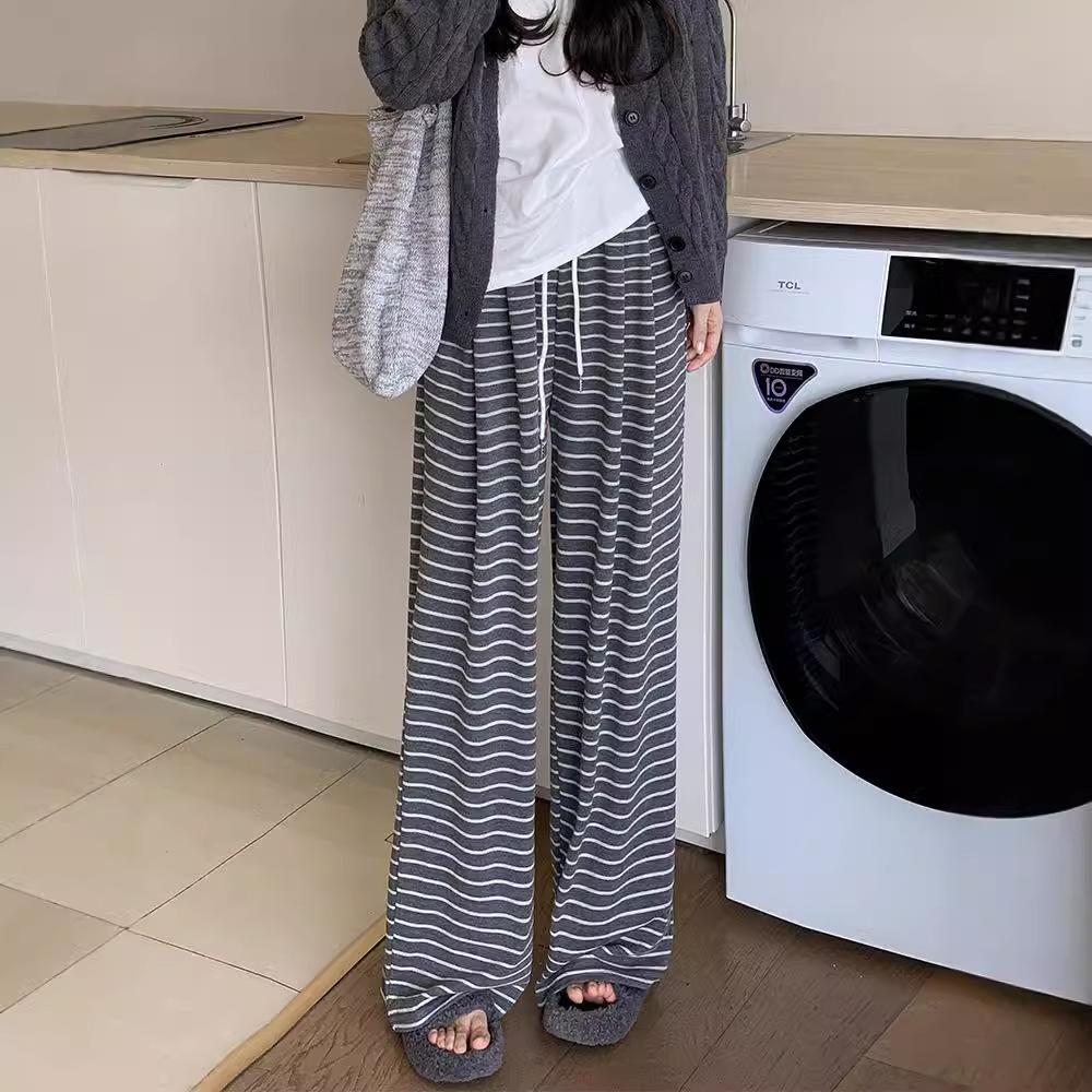 Striped Glutinous Rice Pants for Women In Autumn and Winter Style, High Waist, Slimming, Draped Wide-leg Straight Floor-moving Casual Trousers