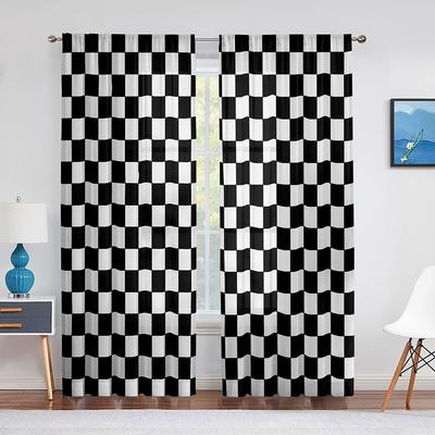 Cortina Voile Transparente a Cuadros Blancos y Negros para Decoraciones de Sala de Estar, Dormitorio, Cocina, Bandera de Coche de Carreras, Cortinas de Tul para Ventana