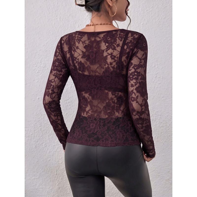 Women Sexy Floral Lace Long Sleeve Slim Fit V Neck Casual Base Top