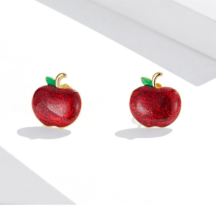 Yinziyun Christmas Apple Red Drip Oil Stud Earrings, Women’s European/American Holiday, S925 Silver.