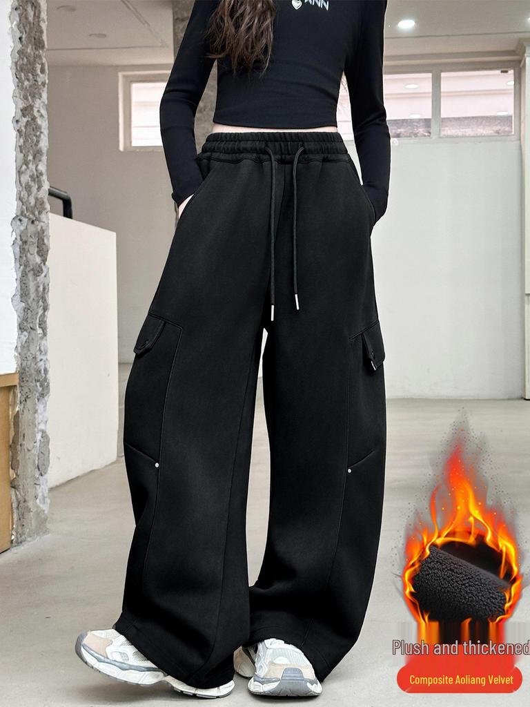 Girls' Stylish Fleece-Lined Cargo Pants - Autumn/Winter 2025, Thickened Straight-Leg for Jazz Dance & Everyday Wear