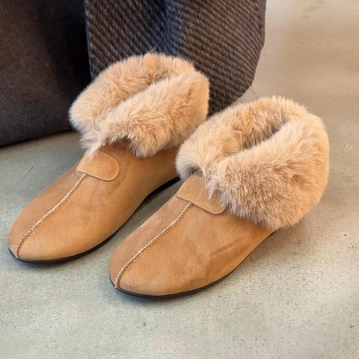 Trendy retro matte leather one-pedal snow boots simple velvet warm flat-bottomed fluffy cotton boots 40 хаки