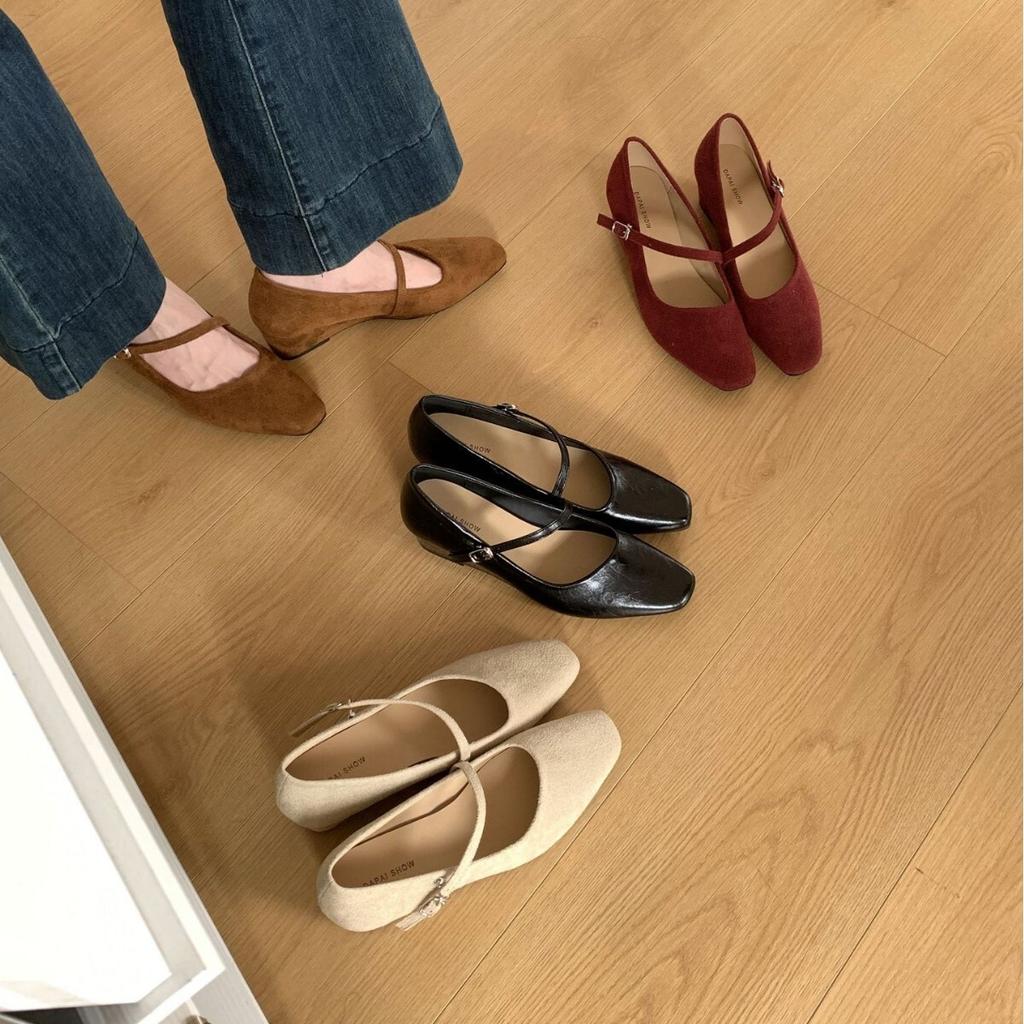DAPAI SHOW Wedge Heel Retro Shallow Mouth Mary Jane Shoes Women's French One-word Buckle Strap Square Head Single Shoes Versatile Shoes Women