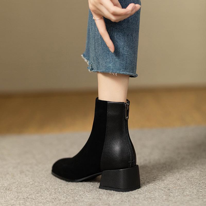 Vintage Chelsea Boots Women's Suede 2025 New Thick Heel Small Short Boots Rear Zipper Matte Splicing Single Boots