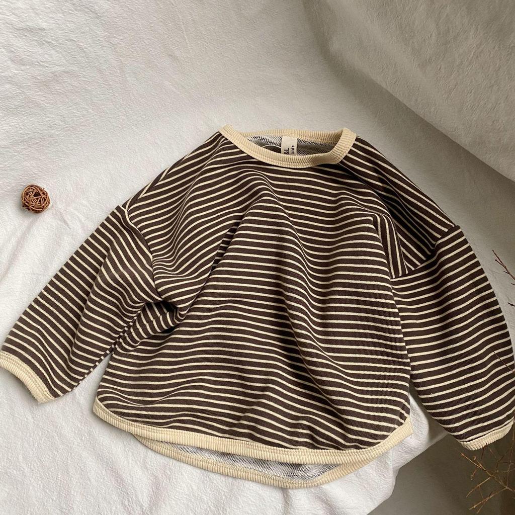 Korean Style Kids' Unisex Striped Trim Hoodie - Loose Fit Long Sleeve Pullover