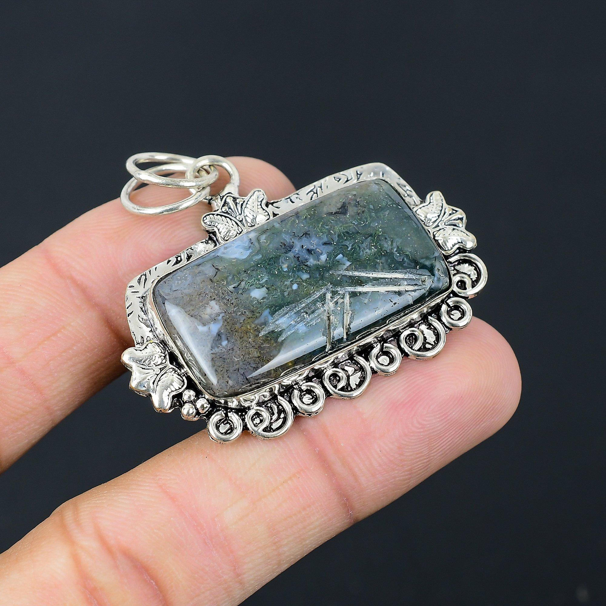 Sisters Day Deal Rectangle Solar Moss Agate Stone Trendy Pendant Sterling Silver