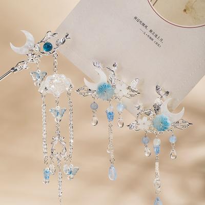 Moon Shaped Tassel Hairpin Chopstick CHinese Hanfu Hair Accessories Blue Flower Hair Clip Retro Girls Cheongsam Hair Bun Jewelry