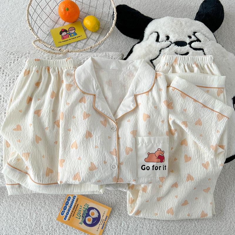 Simple Love Cartoon Cloud Cotton Pajamas Women'S Summer Loungewear Short-Sleeved Three-Piece Set