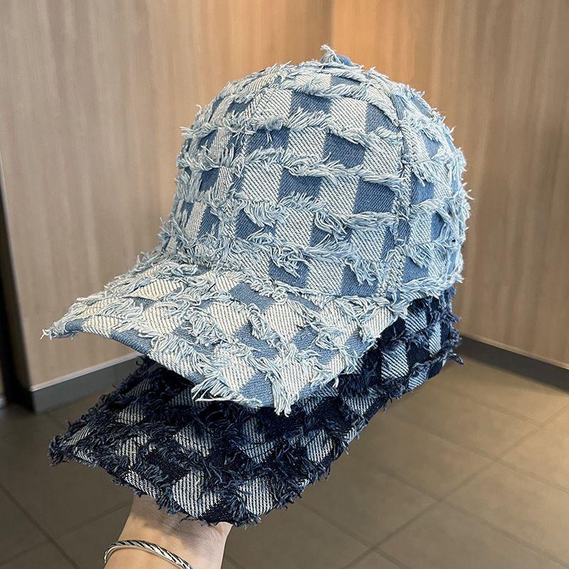 Do Old Cowboy Baseball Cap Spring Summer Street Fashion Checkerboard Sunshade Hard Top Cap Checkered Baseball Cap, Frayed Edge Distressed Casual Hat