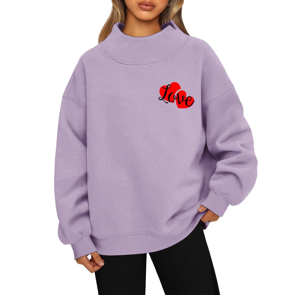 Women's Valentine's Day Print Fashion Loose High-Collar Long Sleeve Solid Color Sweatshirt Pullover