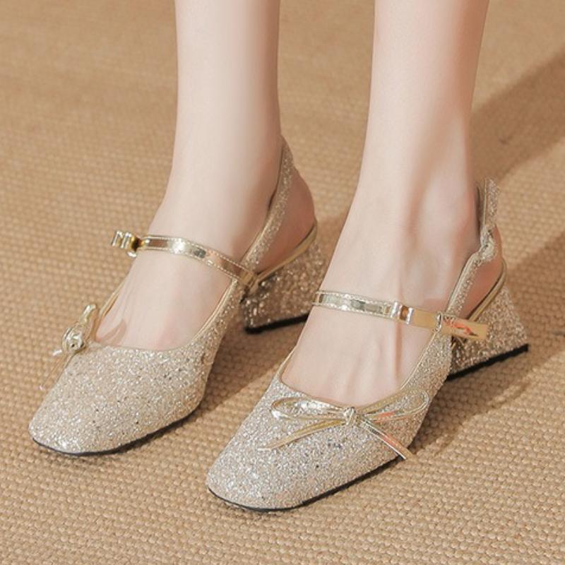 Fashion Bling Bow Mary Jane Shoes Women Fashion Square Toe Back Strap Buckle High Heel Sandals Sweet Wedges Dress Shoes Sandalias Mujer
