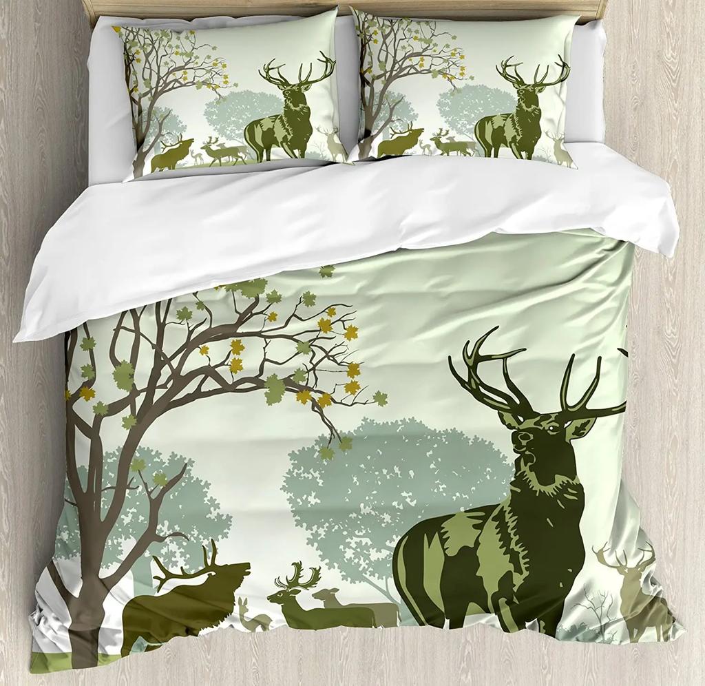 Waldtier Hirsch Birke Ahorn Gras Bettbezug mit Kissenbezug Kundenspezifisches 3-teiliges Bettwäscheset Steppdeckenbezug Doppelbett Heimtextil