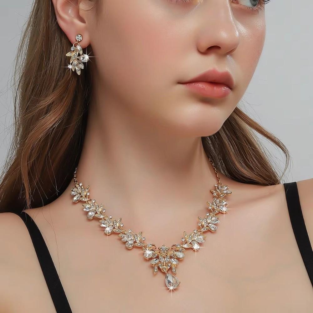 Leaf-shaped Diamond Zircon Necklace Earring Wedding Jewelry Earrings Jewelry Set Ladies' Sparkling Flower Necklace