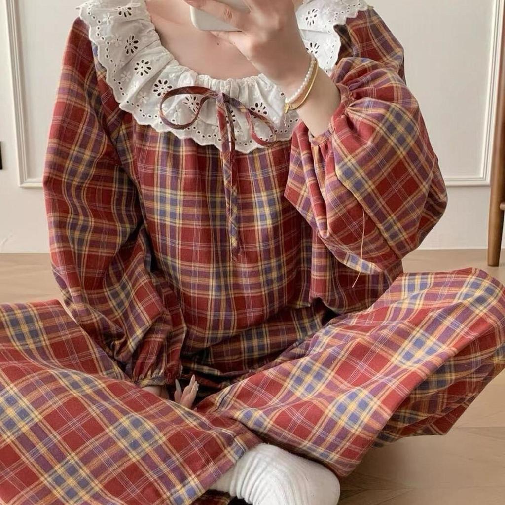 Damen Blumen-Spitzen-Pyjama-Set - Langarm, Süßer Koreanischer Stil, Vielseitig für drinnen und draußen
