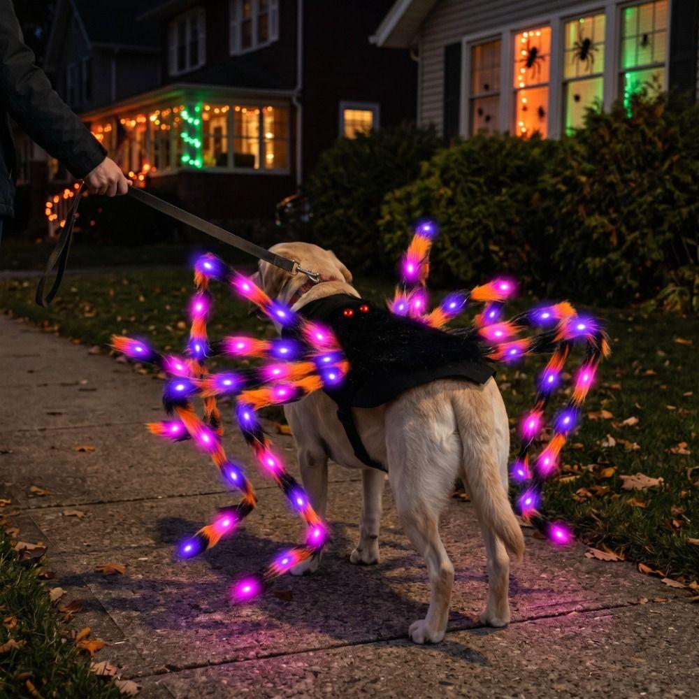 LED Purple Lights Halloween Pet Spider Costume Furry Pet Cosplay Costume Halloween Party