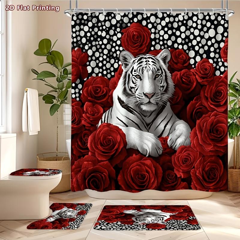 4Pcs 2D Flat White Tiger Roses Shower Curtain Set with Non-Slip Bath Mat, Toilet Lid Cover, Contour Rug & 12 Hooks, Bathroom Decor