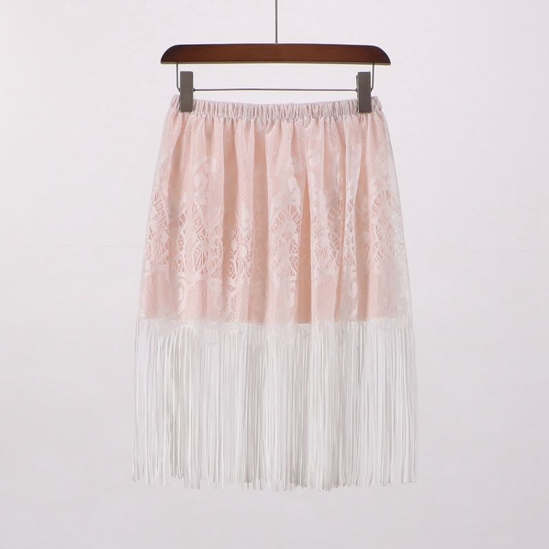 

Special Offer [WM] Pinshangtuan Discount Fashion Women s Summer Elastic Waist Lace Tassel Skirt Mid Skirt 0e242 White Free size (random with different lining)