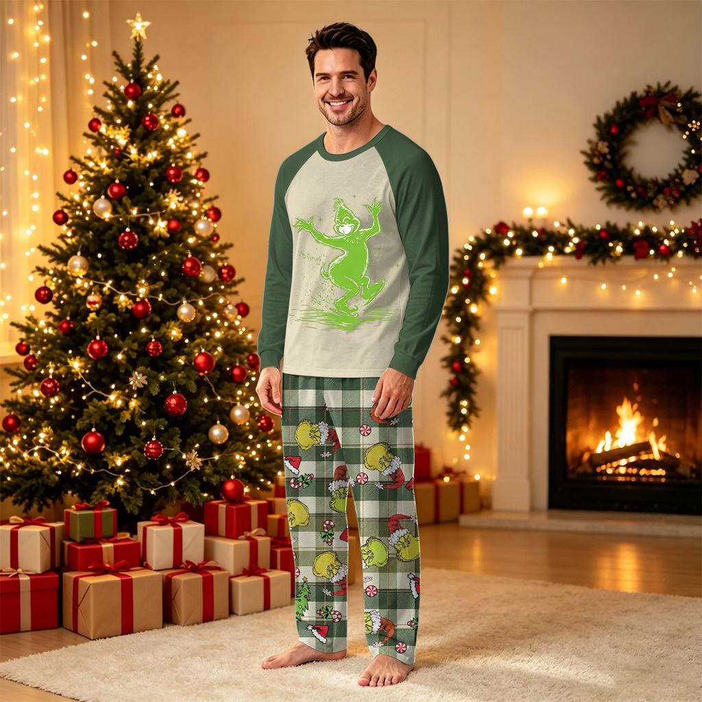 Matching Family Christmas Loungewear Set, Long Sleeve Neck Printed Top and Pants for Men Women and Kids