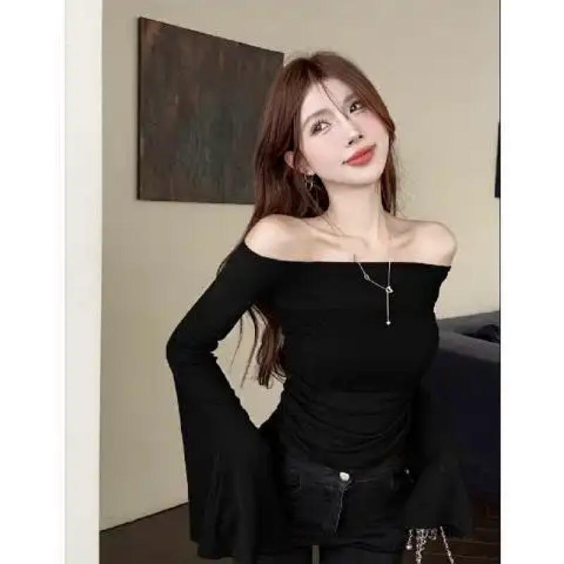 Autumn One Shoulder Large Trumpet Sleeves Ice Silk Sunscreen Sweater Women Showing Clavicle Thin Long-sleeved T-shirt Top