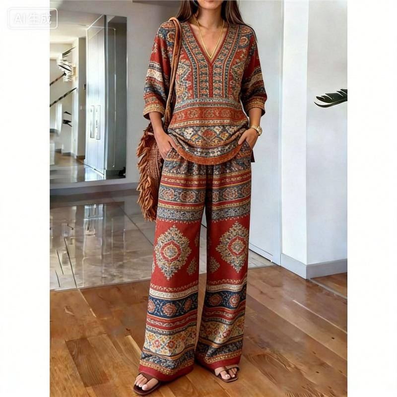 Printed temperament top wide-leg pants two-piece women's clothing European and American fashion suit
