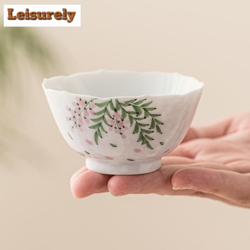 2pc/set Hand Drawn Wisteria Flower Ceramic Tea Cup Small Single Master Cup Ladies' Tea Bowl Meditation Cup Kung Fu Teaware 60ml