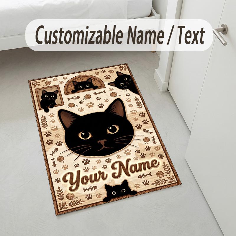 Cat Theme Crystal Velvet Rug Personalized Custom Name Text Soft Floor Mat Home Decor