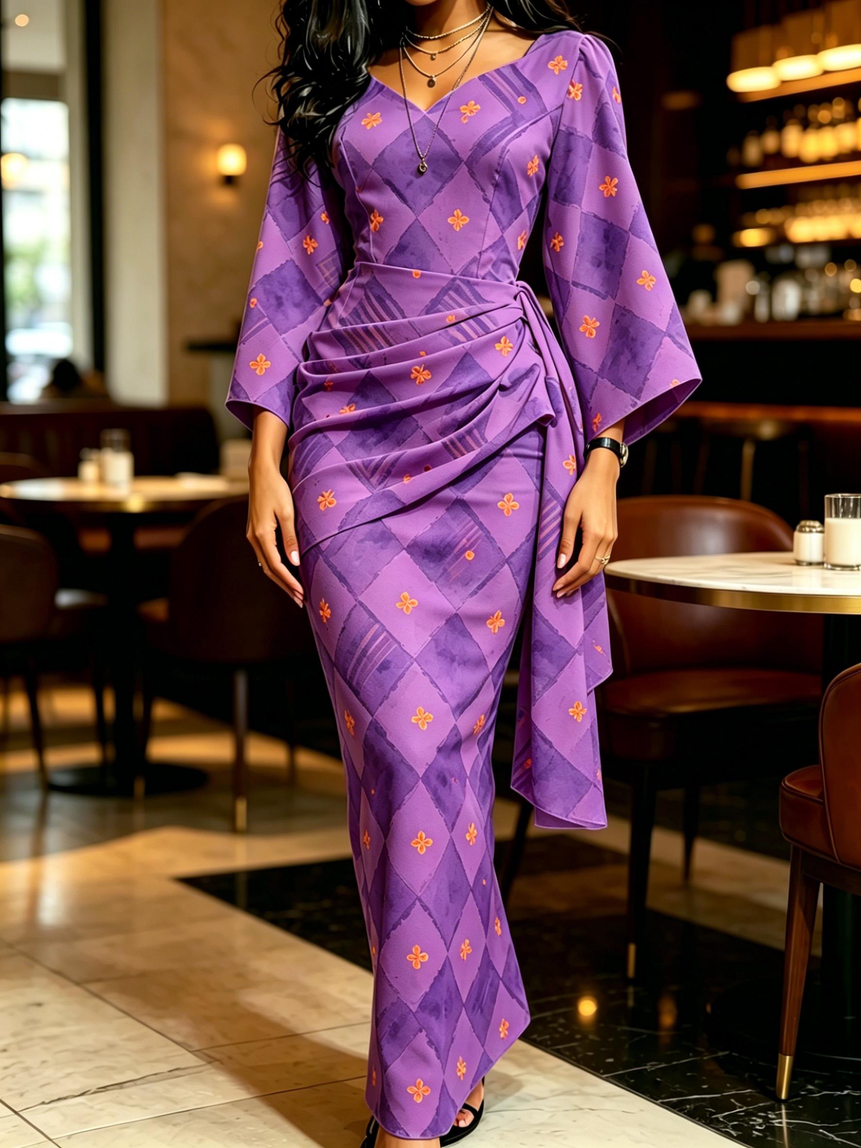 Women s Purple Plaid Yellow Flower Print V Neck Wrap Maxi Dress Ruched Waist Kimono Sleeve Vintage Dress XS