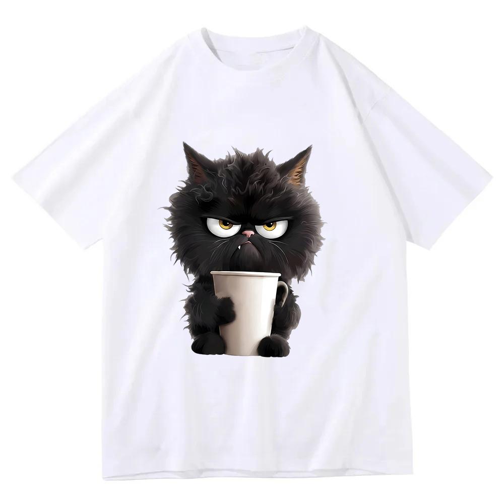 Angry Black Cat Drinking Coffee T Shirt Funny Animal Graphic Tee Vintage Aesthetic Harajuku Streetwear Top Casual Unisex Tshirt