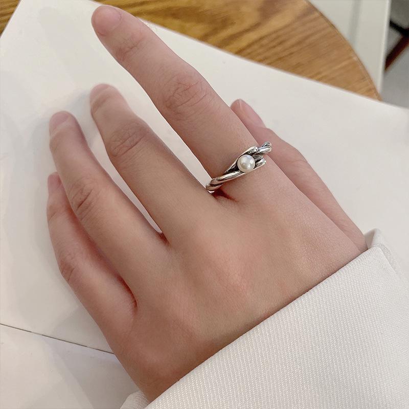 

Кольцо из стерлингового серебра 925 пробы в корейском минималистичном стиле с жемчугом – Дизайн в стиле ретро, Не тускнеющая бижутерия для женщин Open Adjustable