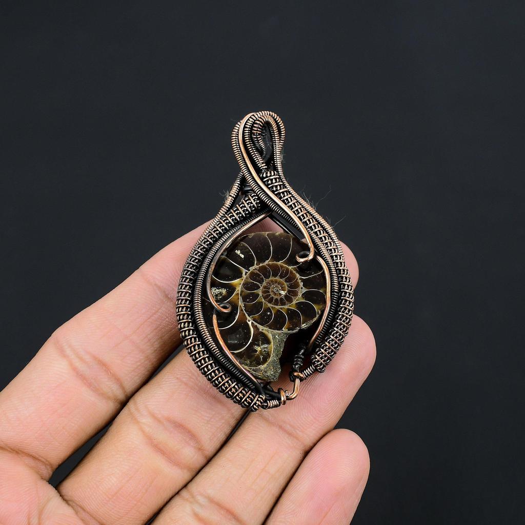 Ammonite Fossil 999 Copper Wire Wrapped  Pendant, Handmade Gemstone Jewelry Pendant For Memorial Day