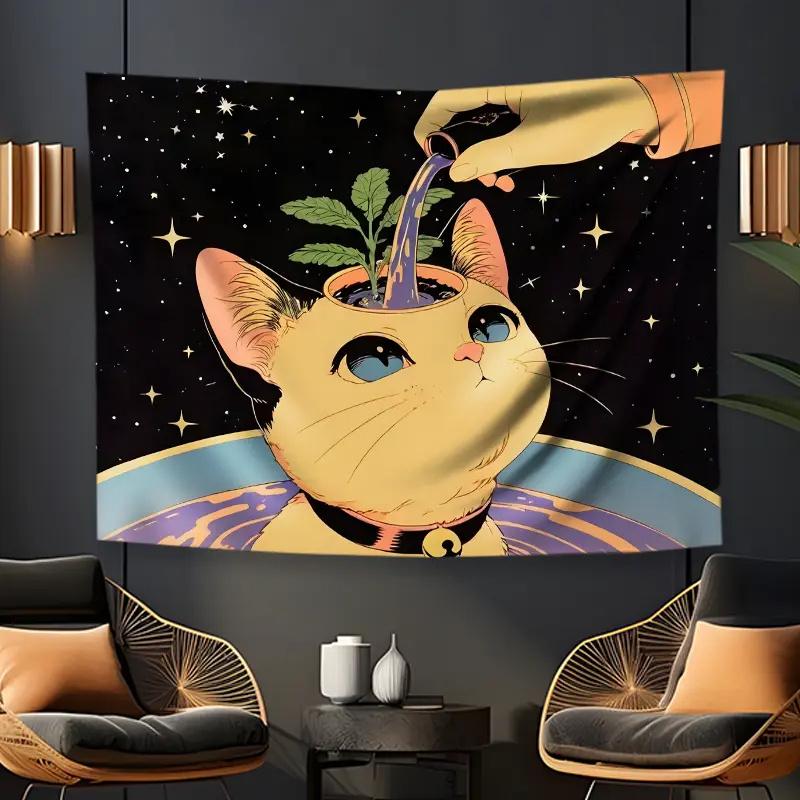 Space cat vase tapestry starry night wall art in bedroom or living room large decorative hanging adding a whimsical style 74x94cm(29x37in)