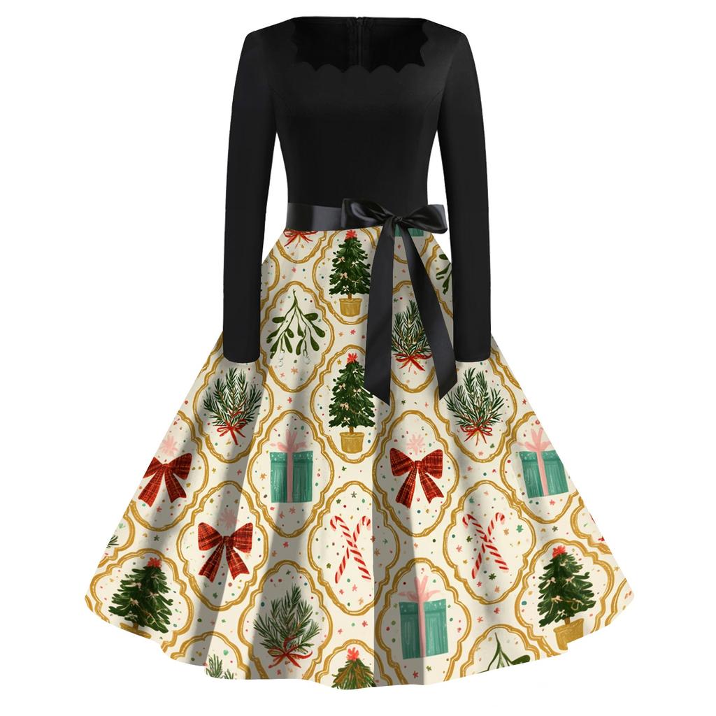 Women's Casual Fashion Christmas Print Square Neck Vintage Dress for Holiday Party