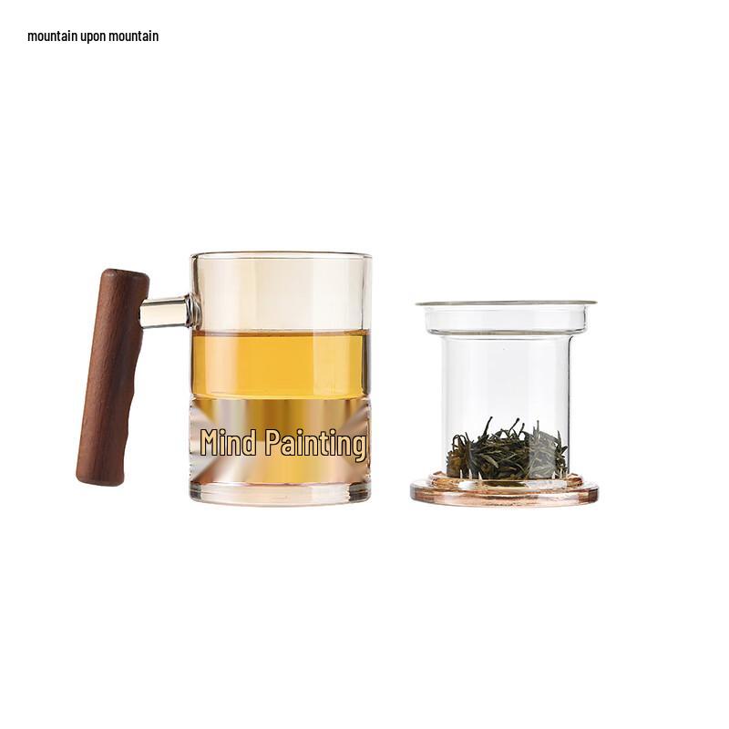 Gold Double-Wall Glass Tea Mug with Wood Handle and Infuser