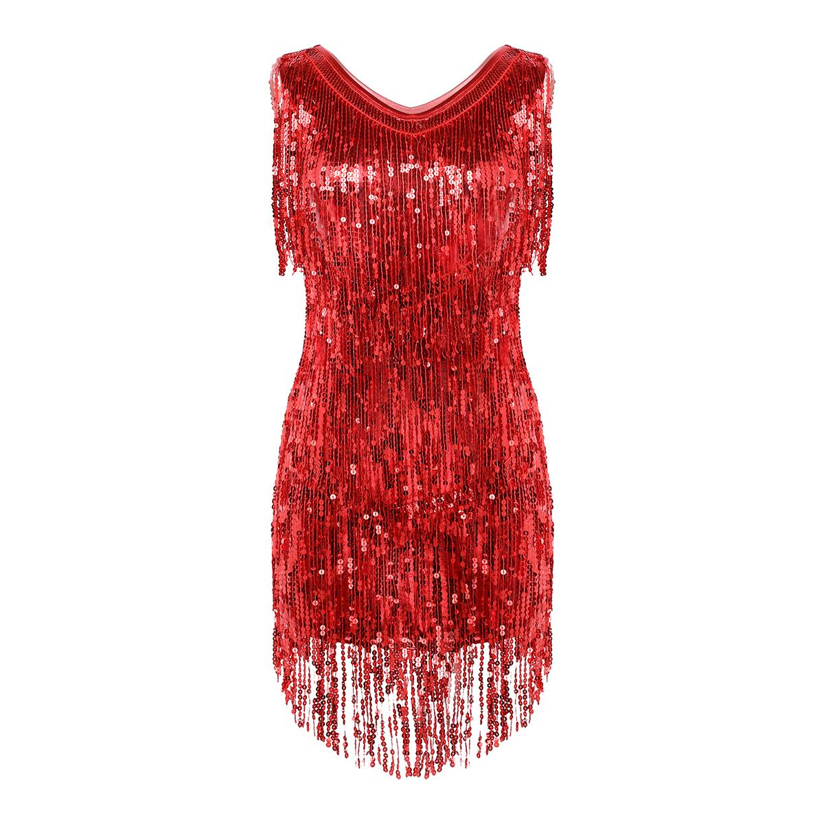 Womens V Neck Sleeveless Sequin Tassel Dress Ballroom Samba Tango Latin Dance Performance Party Gown M rot