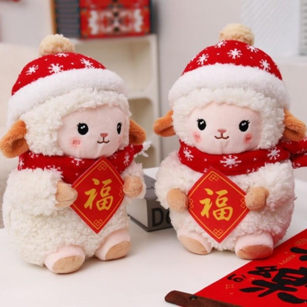 Red Hat Lamb Stuffed Animal Soft Filling Sheep Year Plush Doll Cartoon Sheep Doll New Year Decor