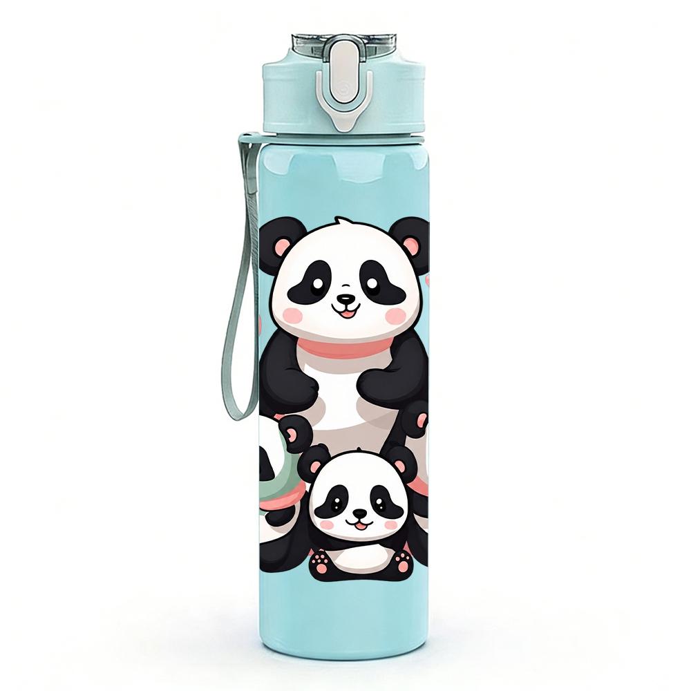 1 PZ Carina Grafica Famiglia Panda, Borraccia Sportiva in Plastica Colorata da 750ml, Tappo Ermetico con Cannuccia a Flip, Adatta per Sport, Ufficio, Uso Domestico