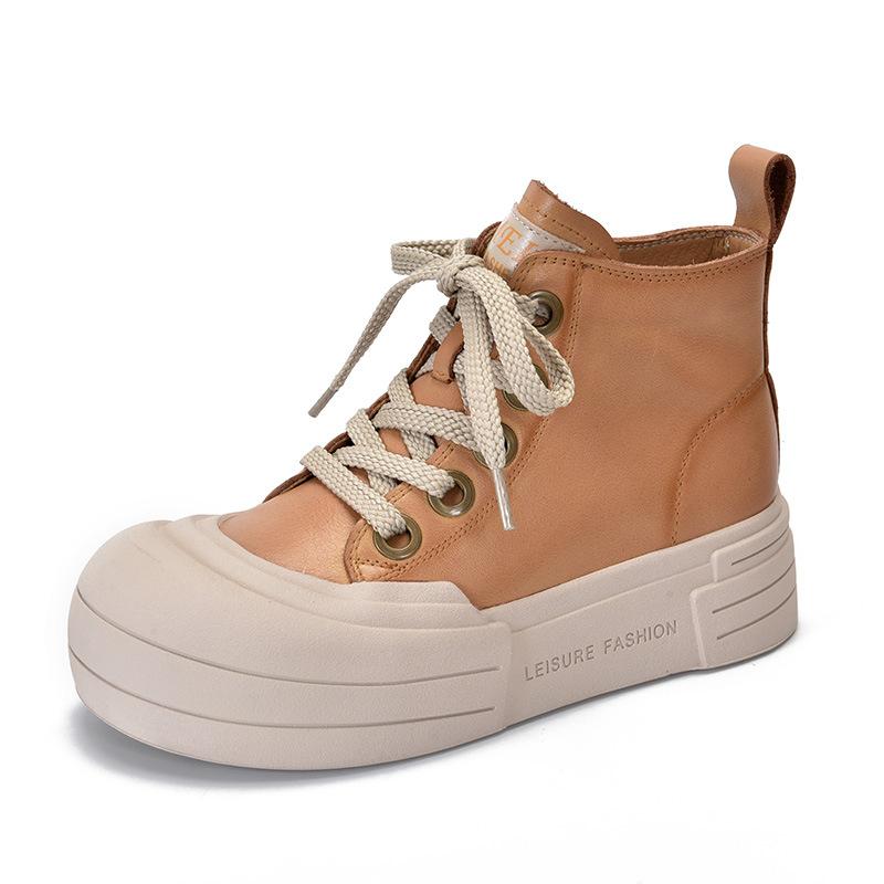 Johnature Genuine Leather Flat Platform Shoes Casual Round Toe Thick Soled Shoes Versatile Lace Up Short Boots