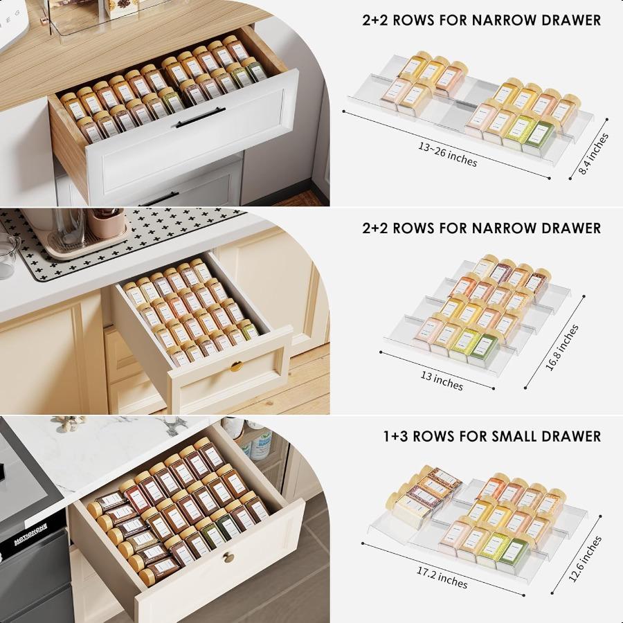Spice Drawer Organizer 4 Tier Clear Acrylic Expandable From 13" To 26" Seasoning Jars Drawer Insert Kitchen Drawer Spice Rack T